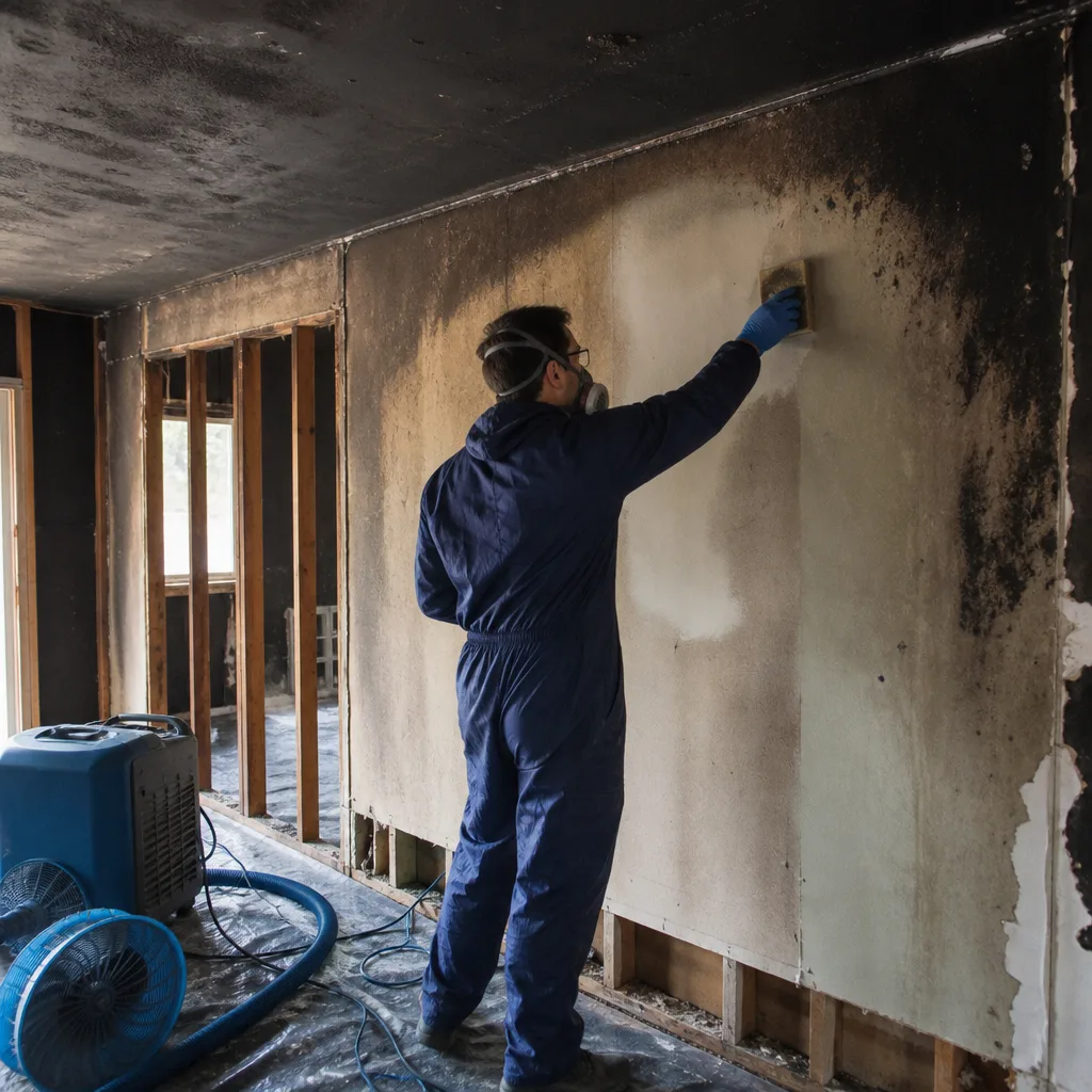 Technician performing fire damage restoration by cleaning soot from wall