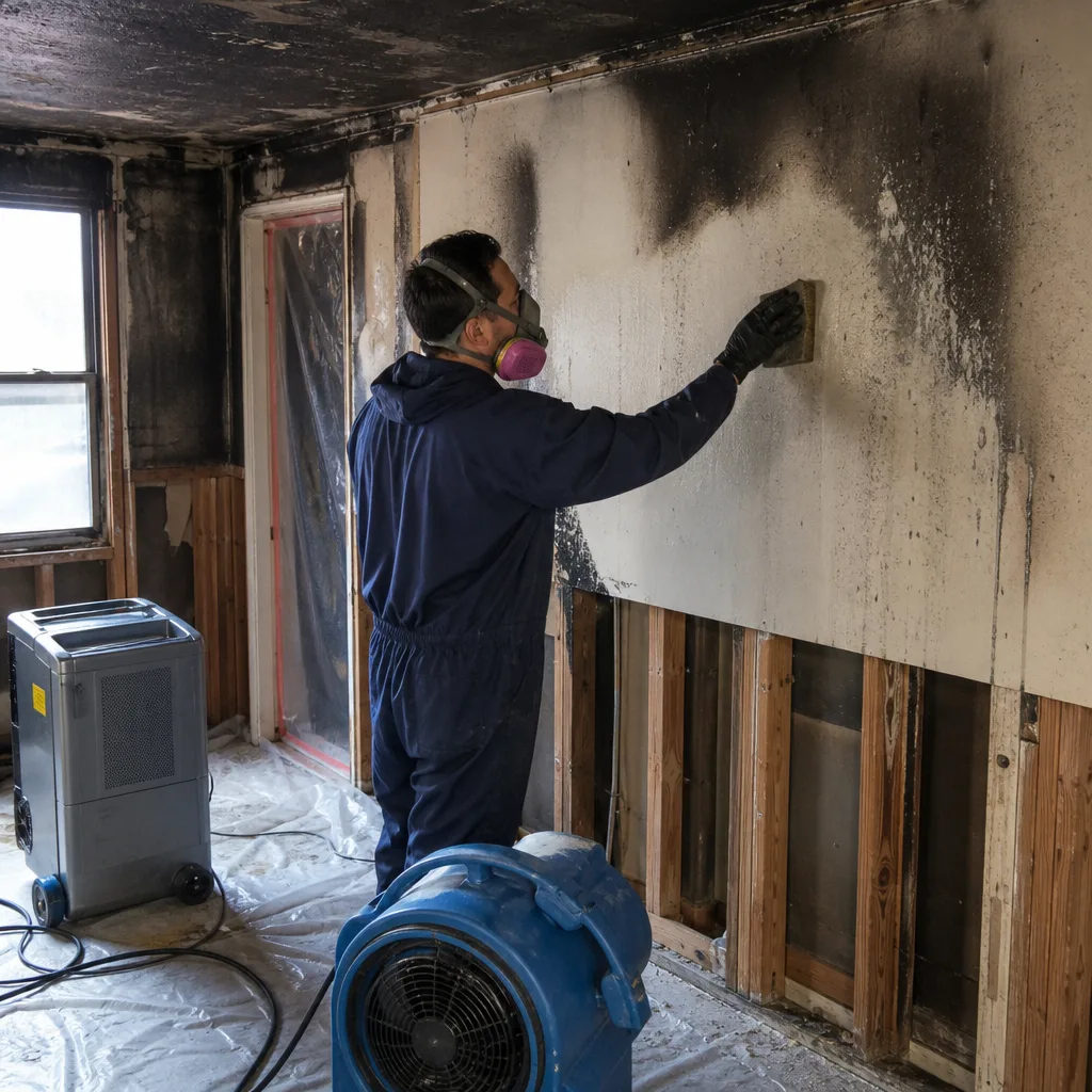 Technician performing professional fire damage restoration and soot cleanup in a room