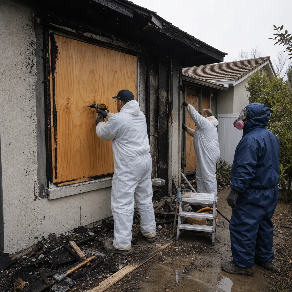 Workers in hazmat suits boarding up windows at a fire damaged home
