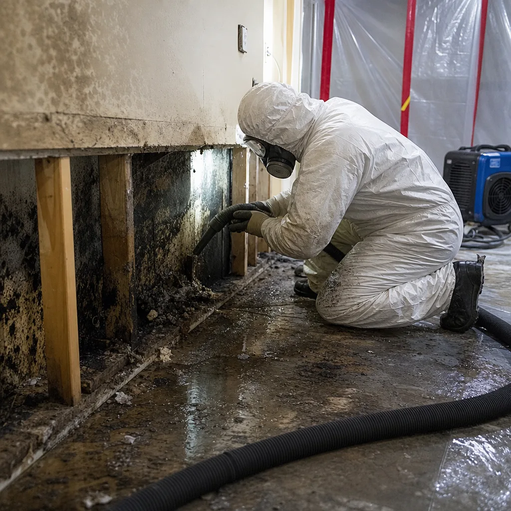 Technician in protective gear performing professional mold remediation on damaged wall