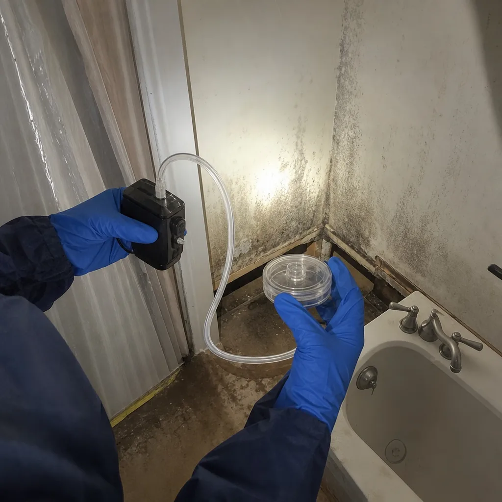 Technician performing professional mold air quality testing in a bathroom