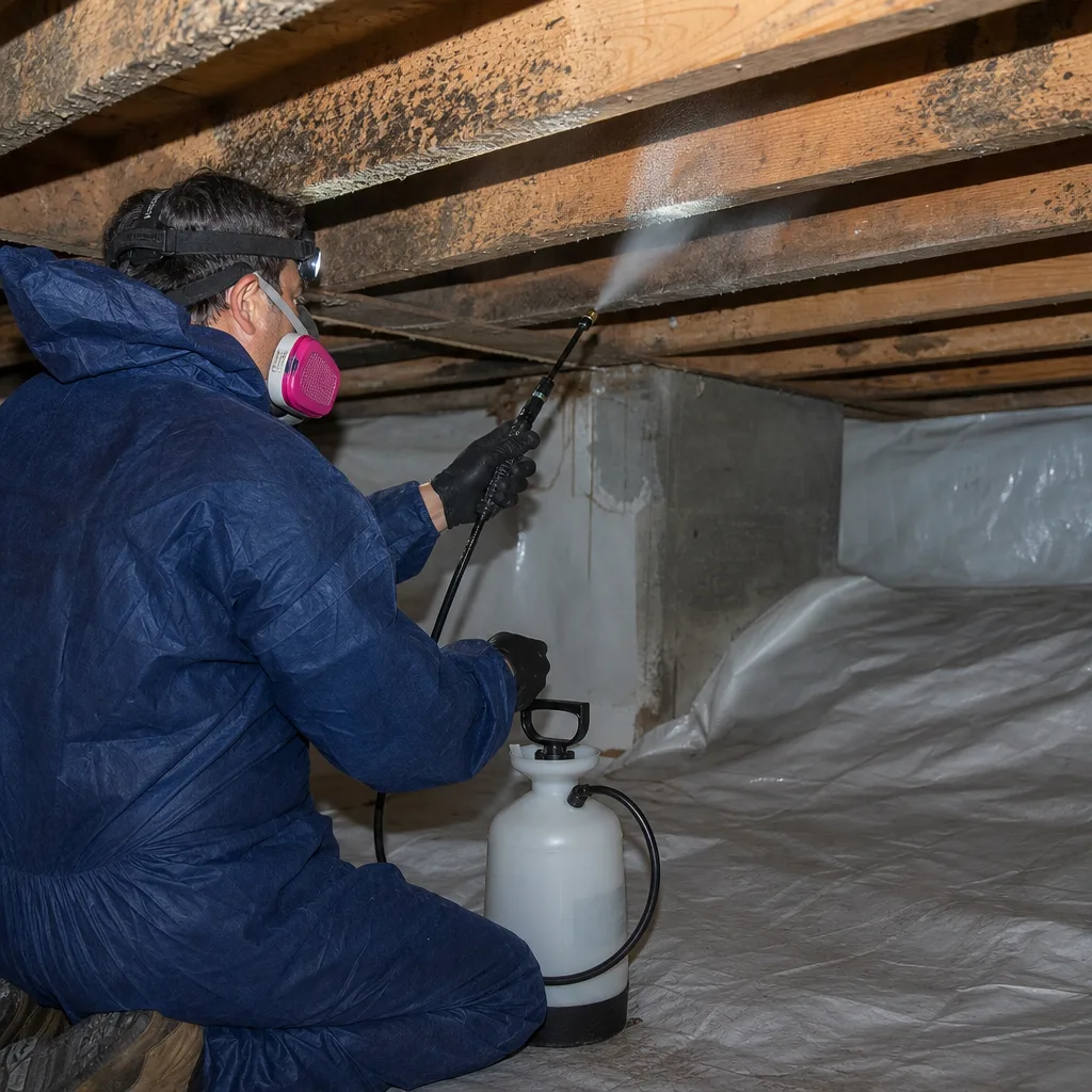 Technician in protective gear performing professional mold remediation treatment in crawl space
